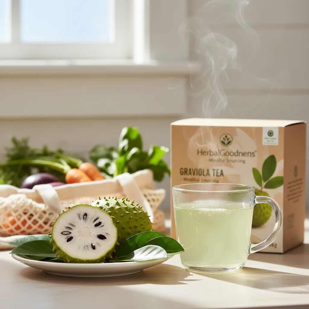 Graviola tea and soursop fruit on countertop
