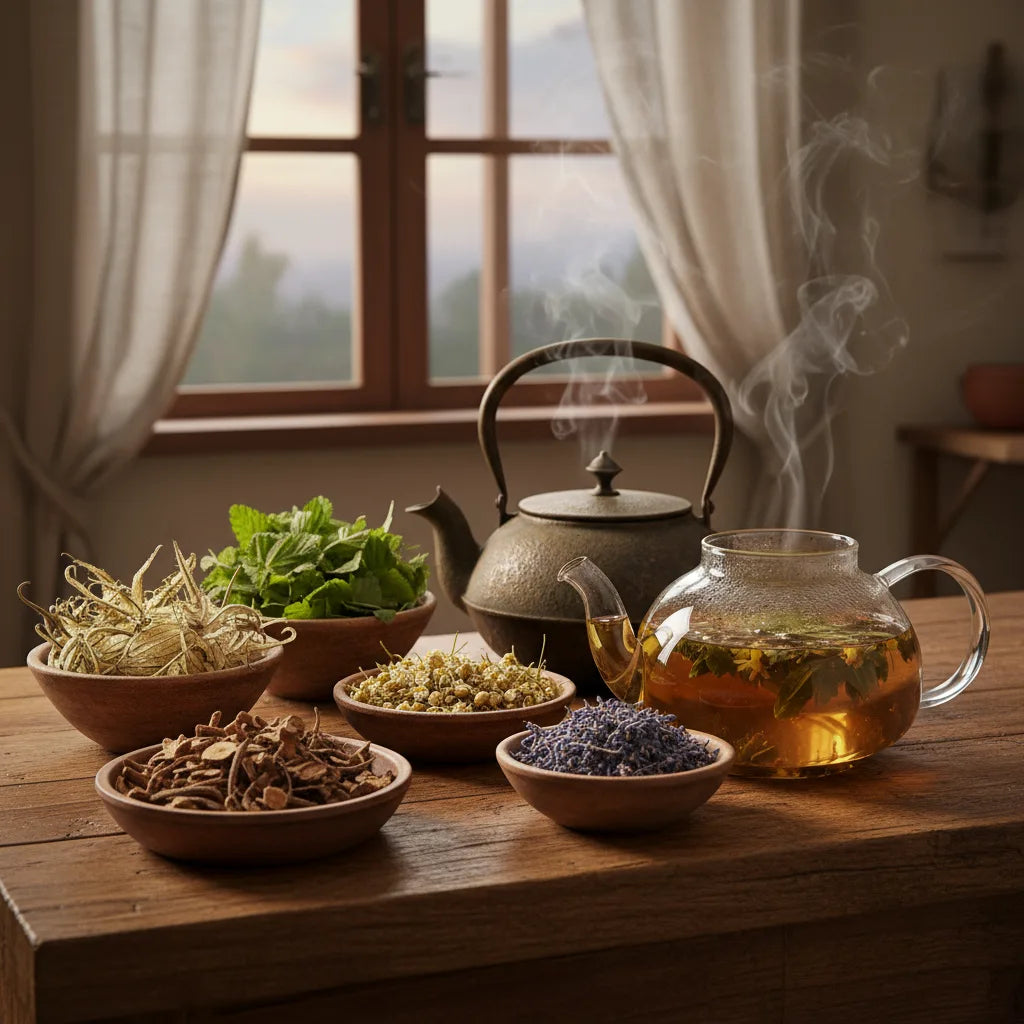 Assorted bedtime herbs on cozy kitchen counter