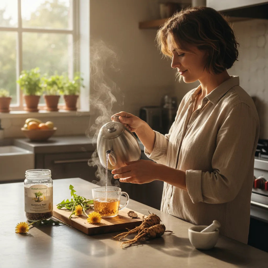Morning dandelion root tea routine, natural kitchen