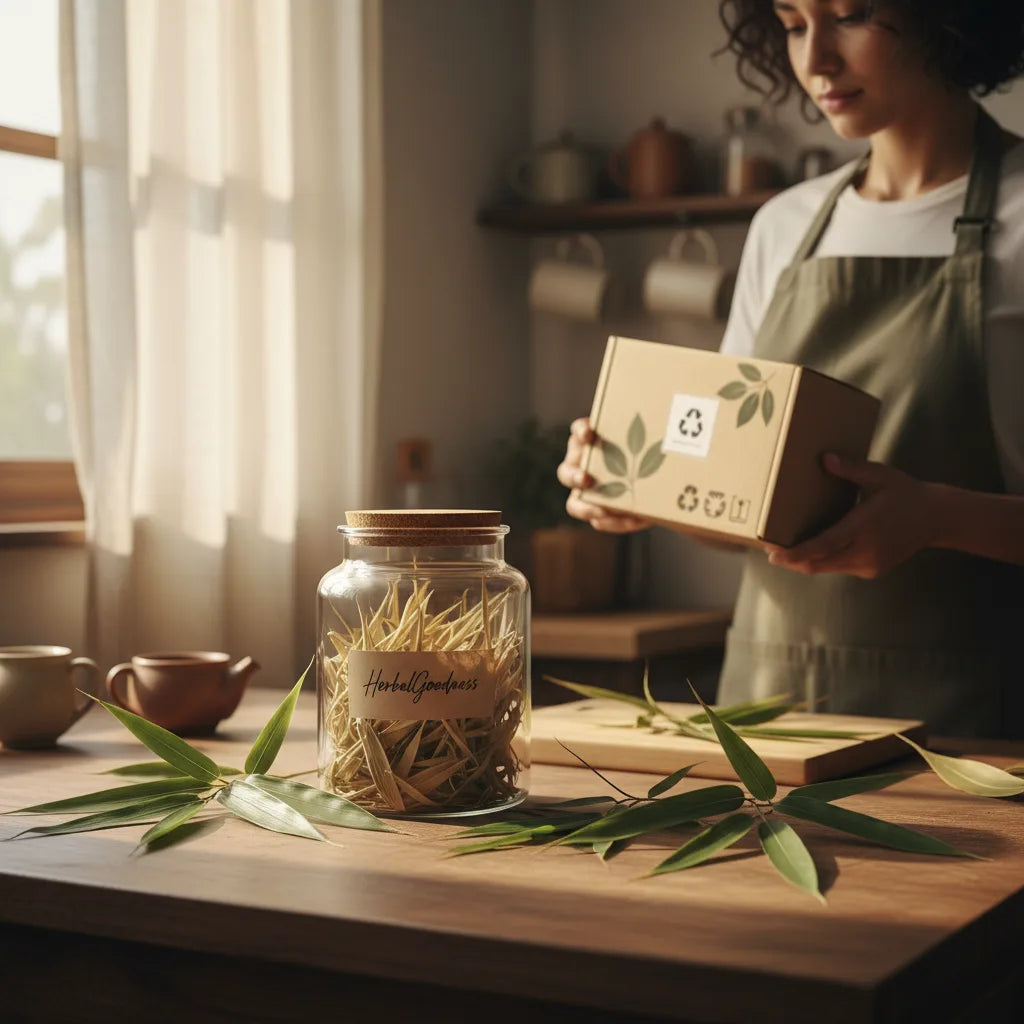 Bulk bamboo leaves on wooden counter