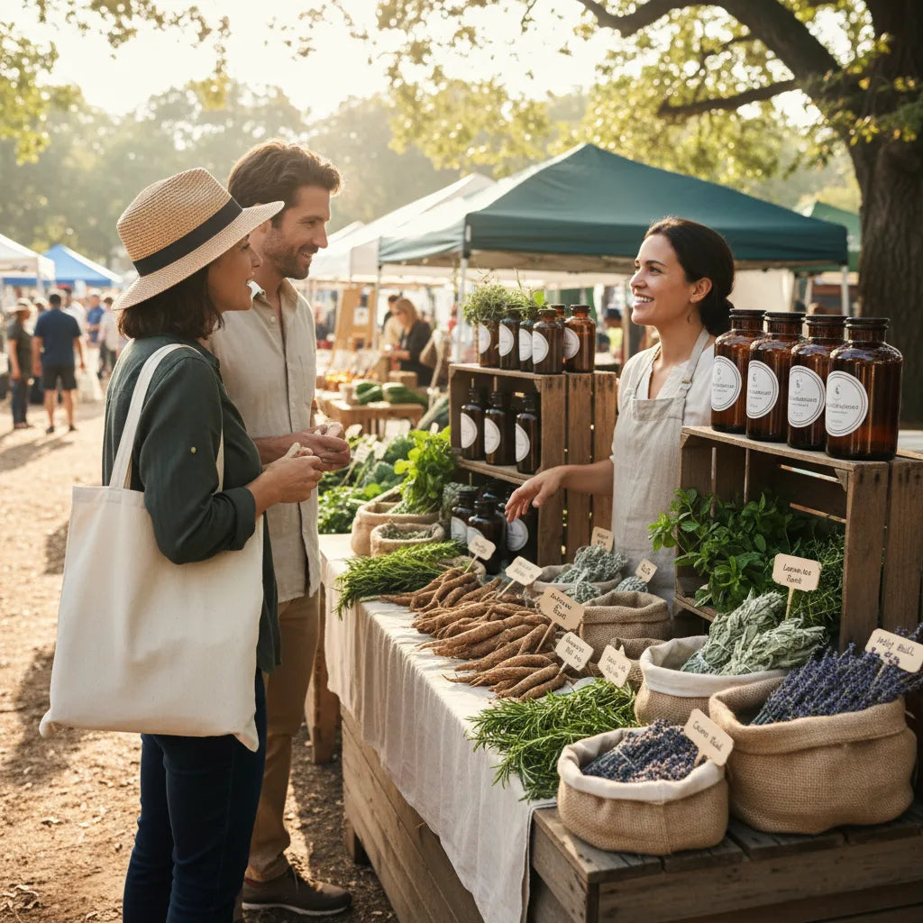 Locals explore herbal booth at market