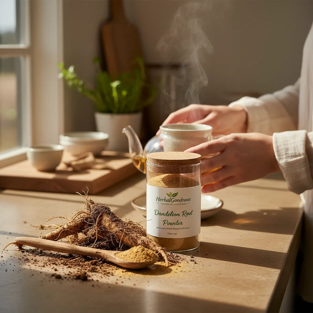 Hands preparing dandelion root tea naturally