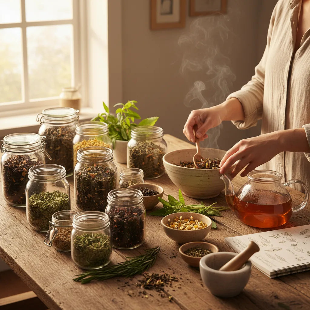 Hands creating organic tea blend at home