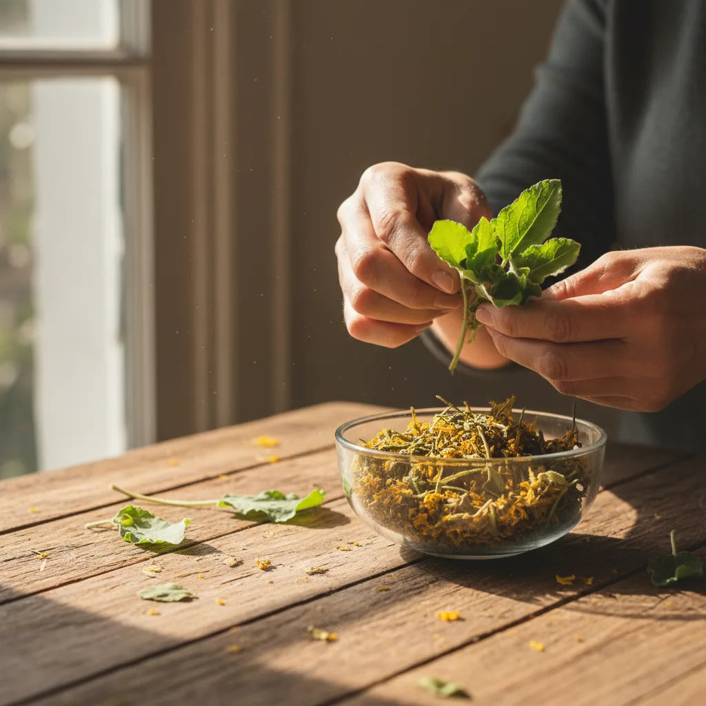 Hands inspecting fresh and dried mullein leaves