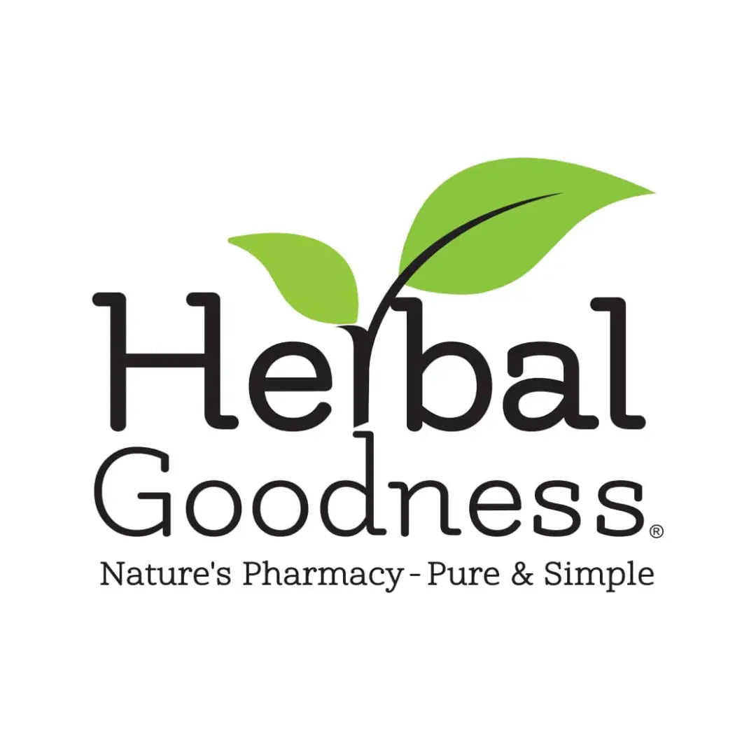 Logo for Herbal Goodness featuring green leaves, promoting natural health products.