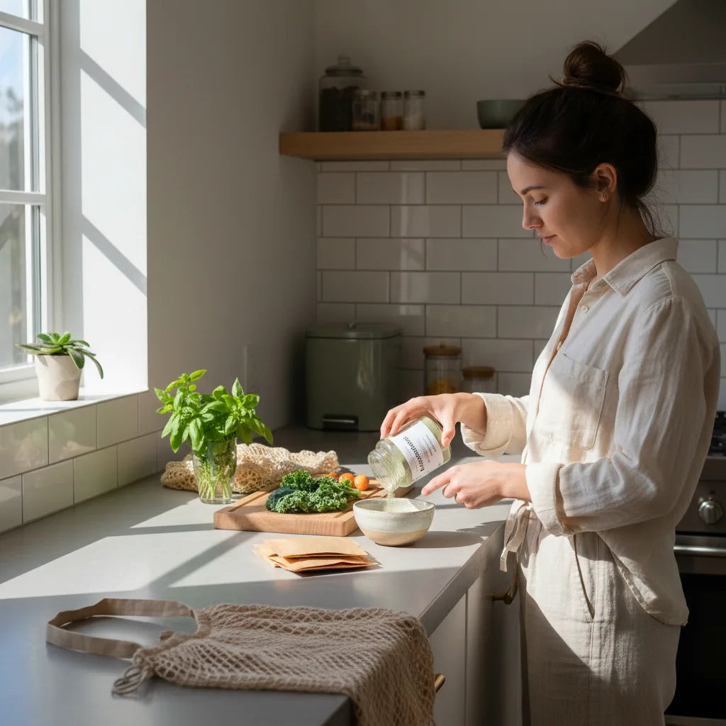 Woman refilling glass supplement jar at home