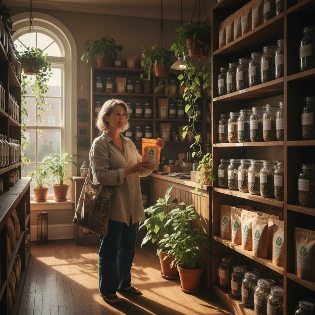 Woman browsing organic herbal apothecary shelf