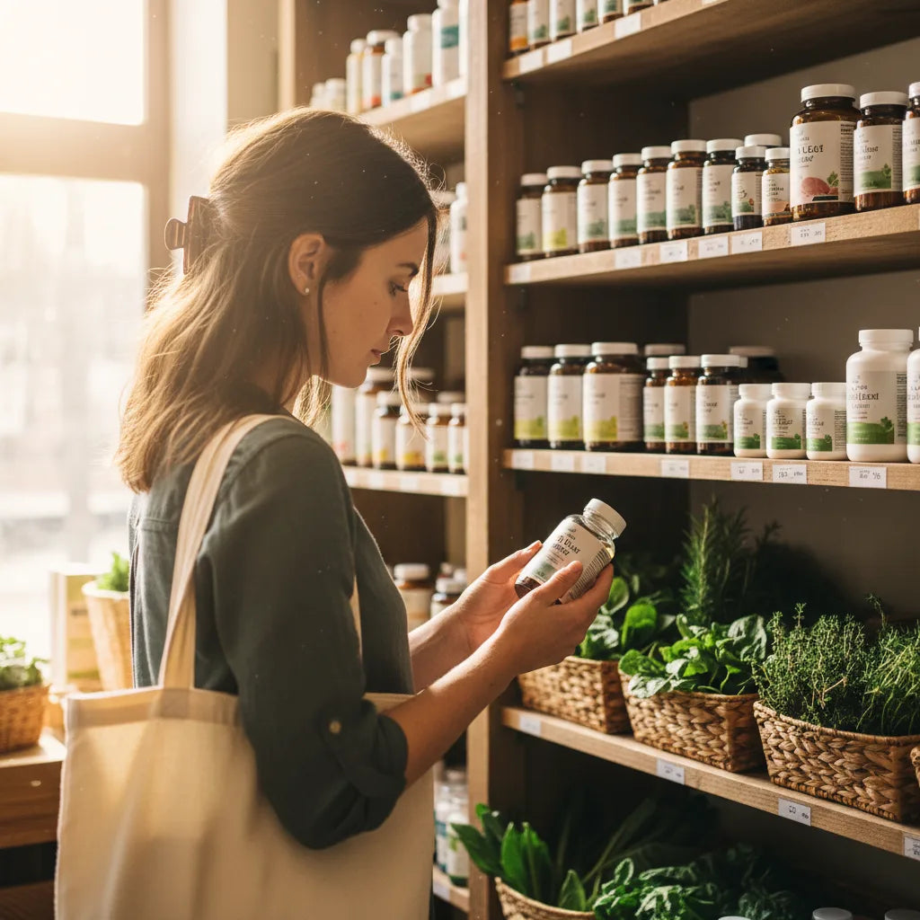 Woman browsing olive supplements in store
