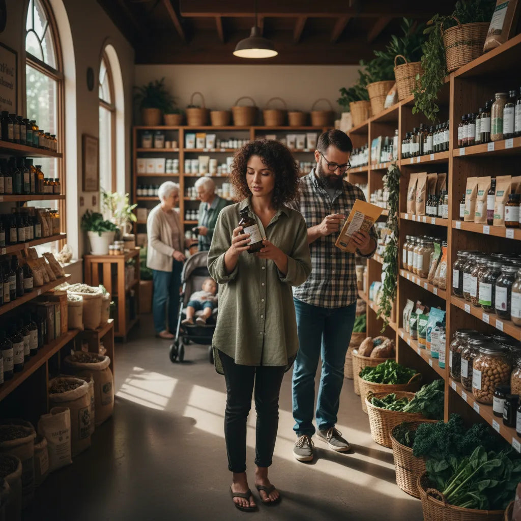 Shoppers browsing herbal supplements in co-op