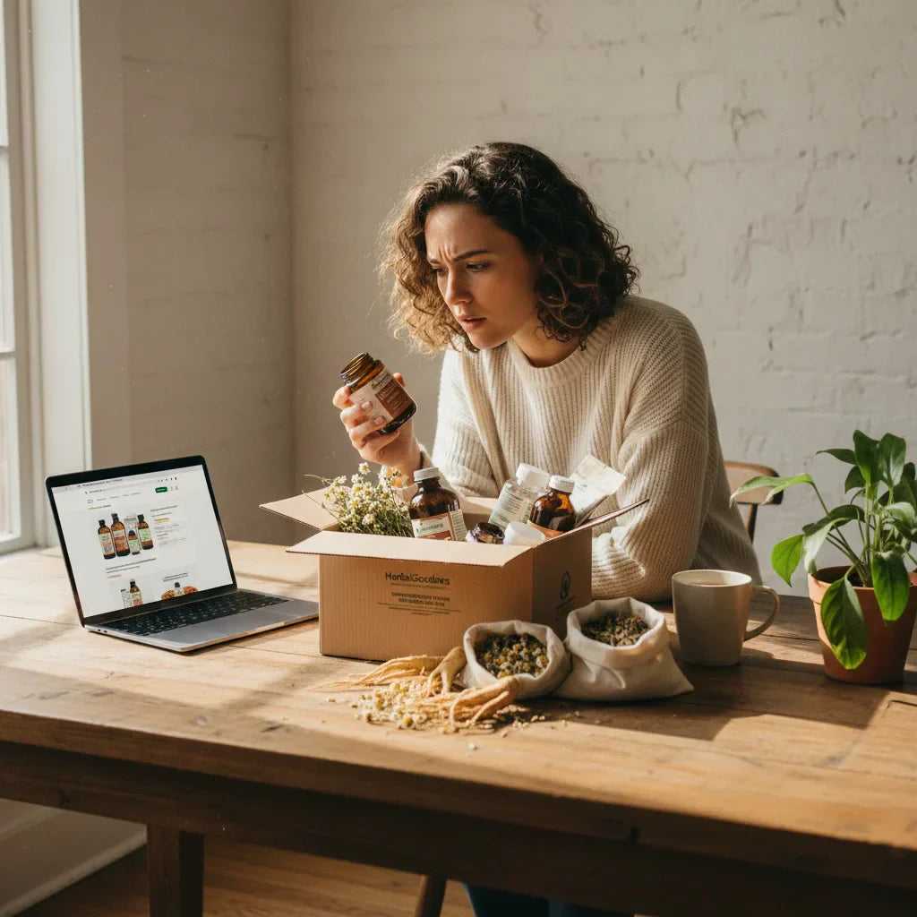 Browsing herbal supplements at bright kitchen table