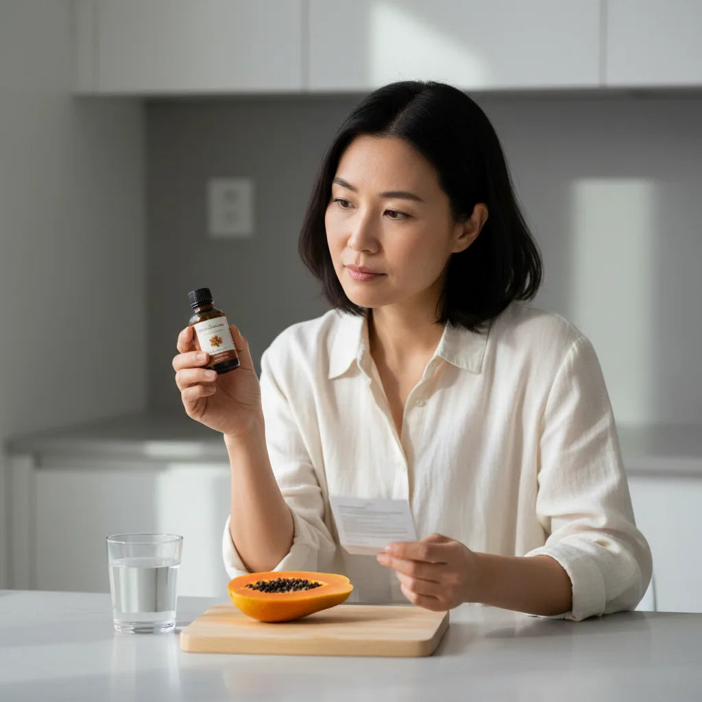 Woman reading papaya extract bottle label