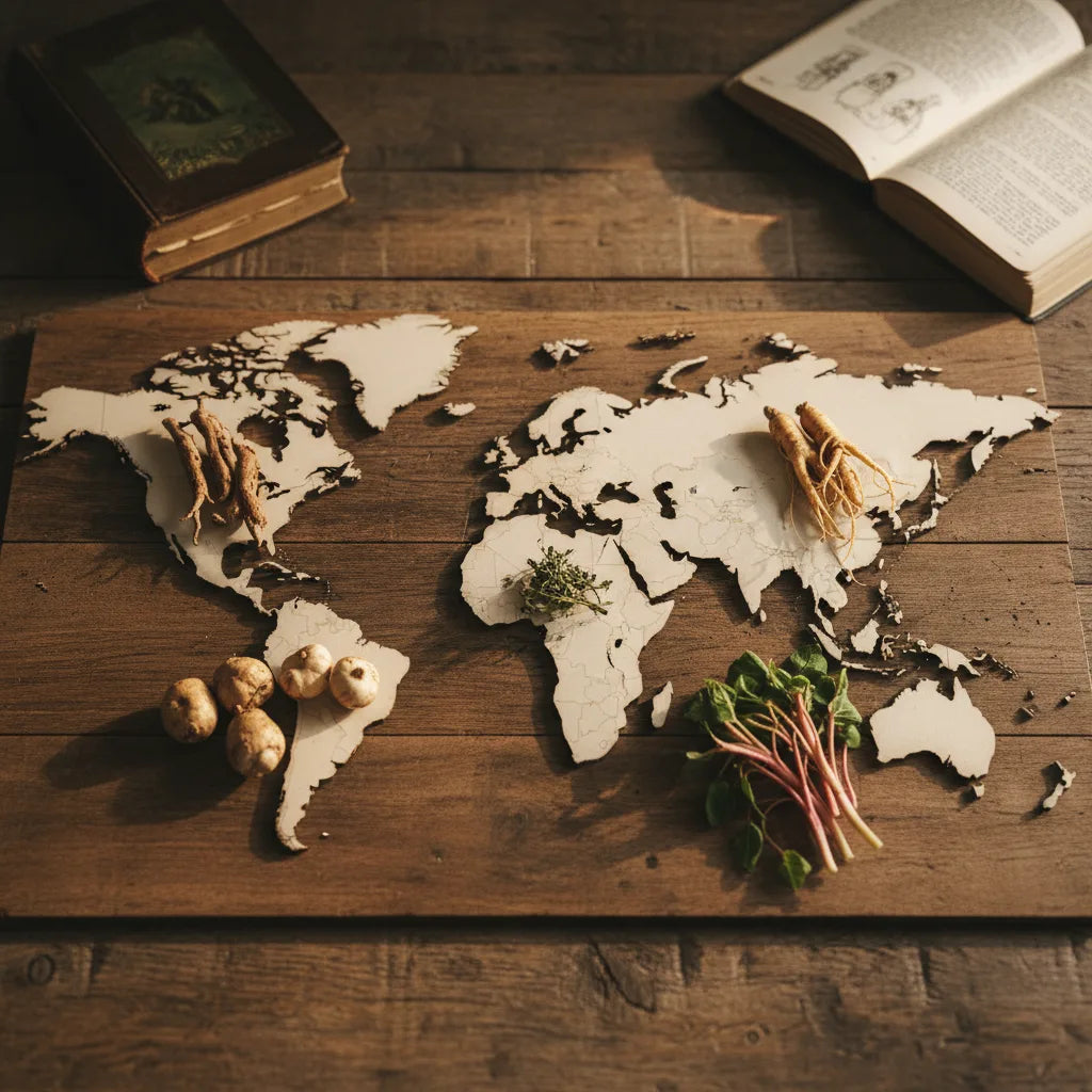 World map with herbal origins displayed