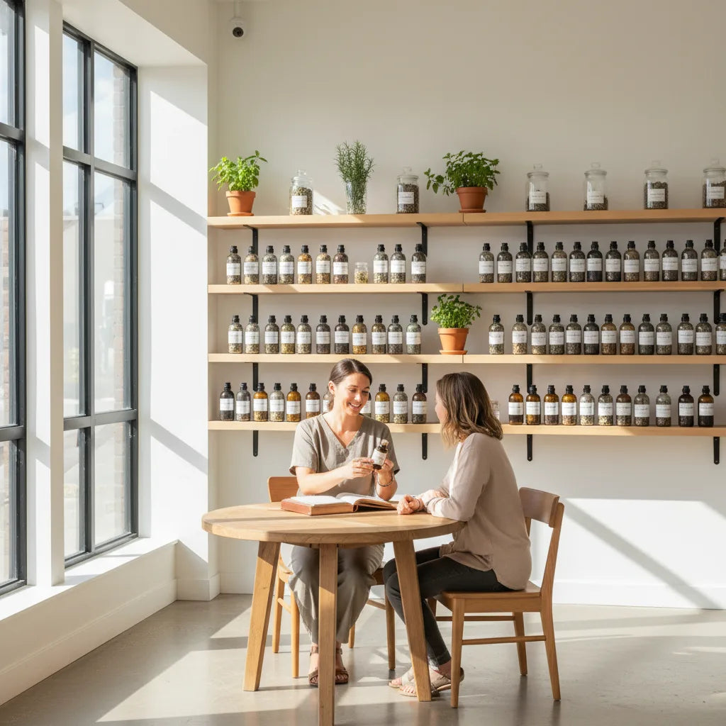 Practitioner advising client in herbal dispensary