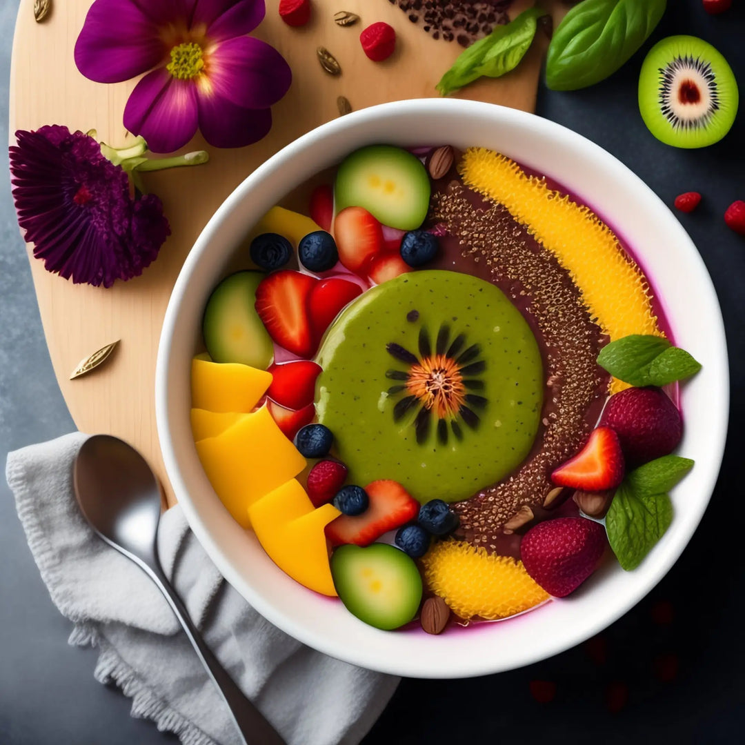 Colorful fruit and smoothie bowl with kiwi, berries, mango, and chia seeds for sustainable wellness