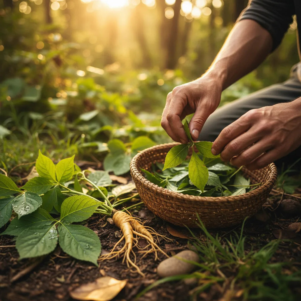 Herbalist hand-harvesting energy herbs in forest