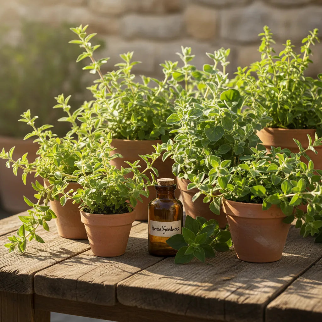 Fresh oregano plants with oil bottle