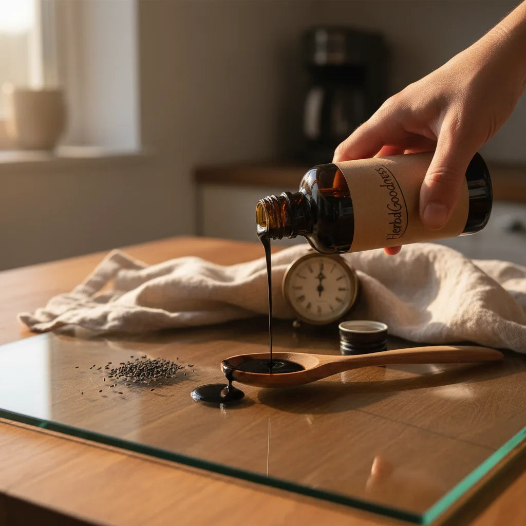 Pouring black seed oil into spoon