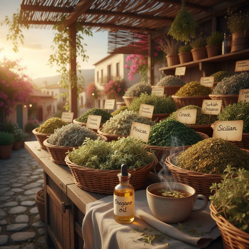 Assorted oregano oils at open-air market