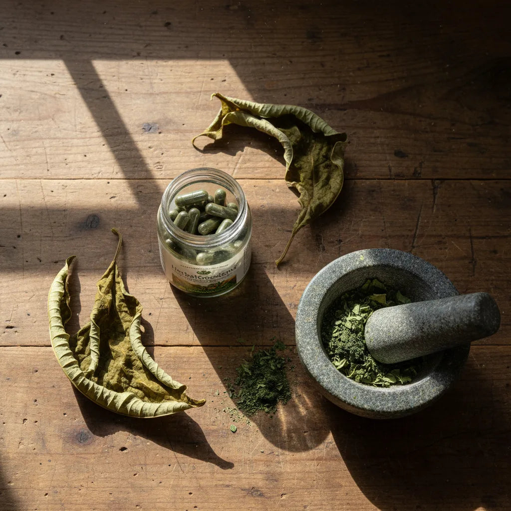 Papaya leaf capsules beside raw ingredients