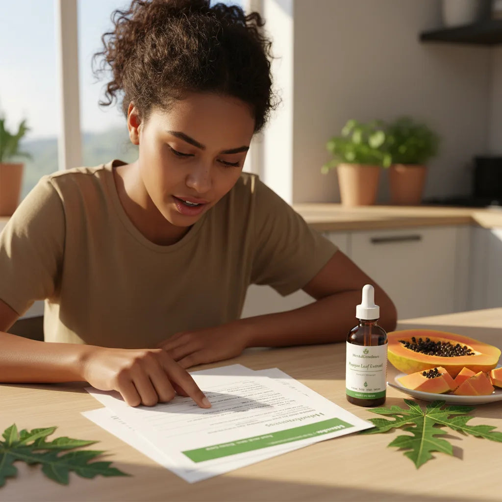 Woman reviews lab report with supplement bottle