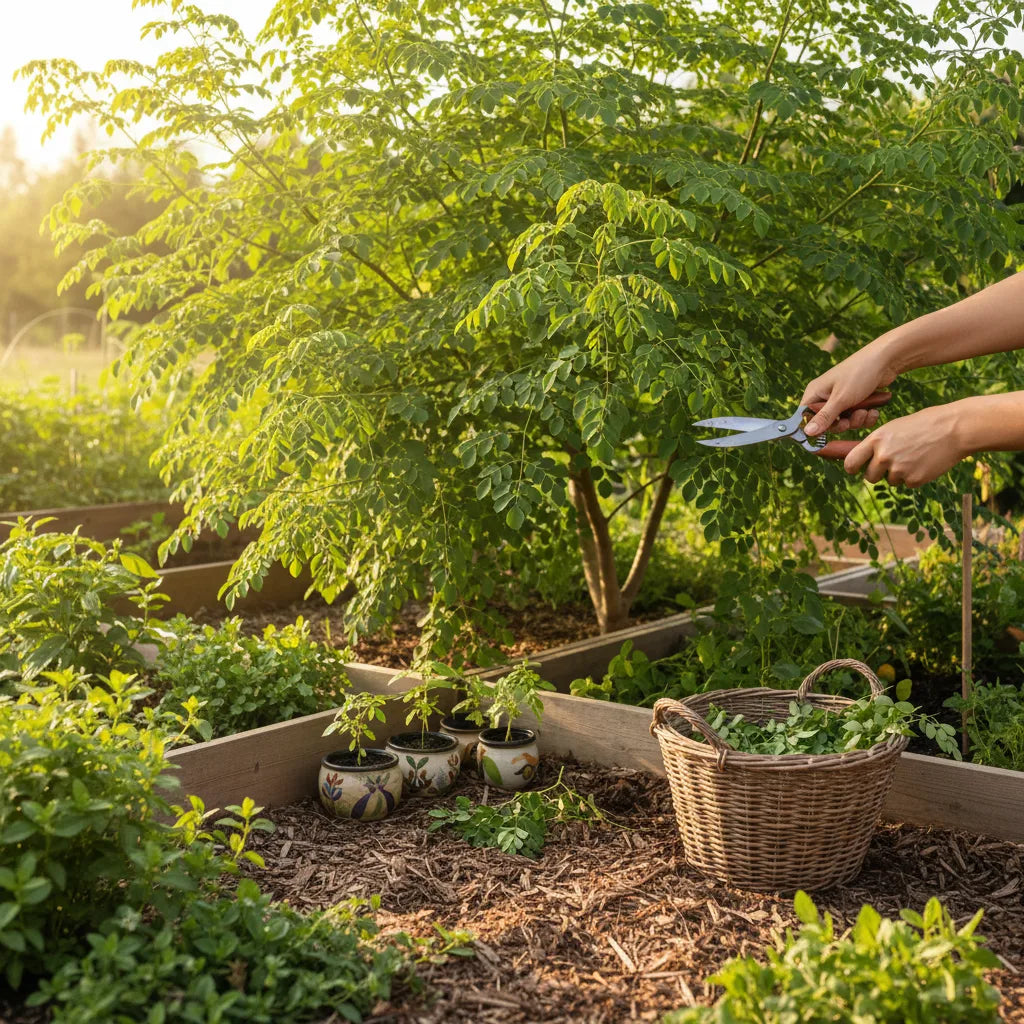 Harvesting fresh moringa leaves in home garden