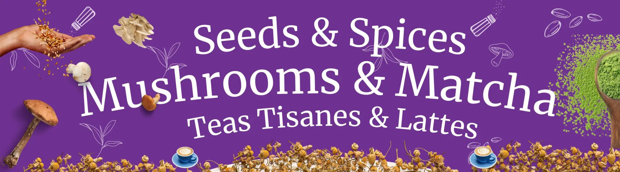 Purple banner promoting bulk products for holistic health, featuring seeds, spices, and teas.