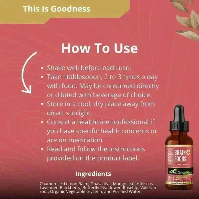 Brain and Focus - Organic 1oz 15X Liquid Extract - Cognition & Memory Liquid Extract Herbal Goodness 