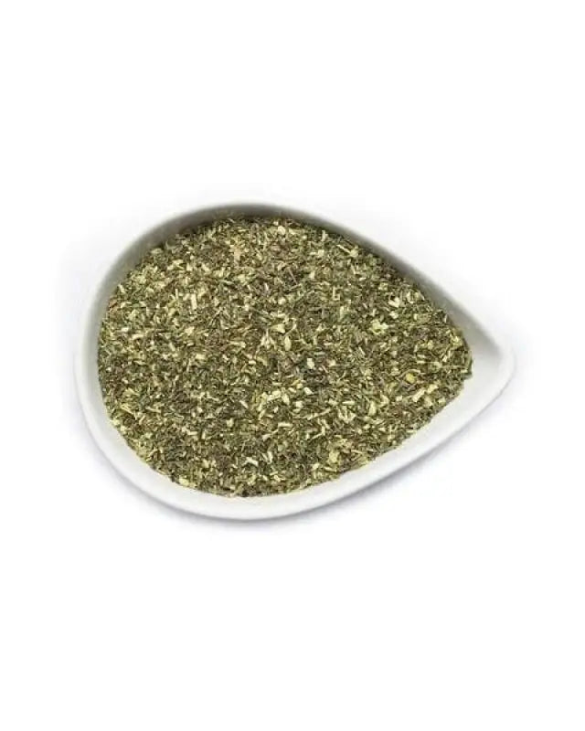 Dried green herbs in a teardrop dish for Bulk Teas and Tisanes, supports heart health