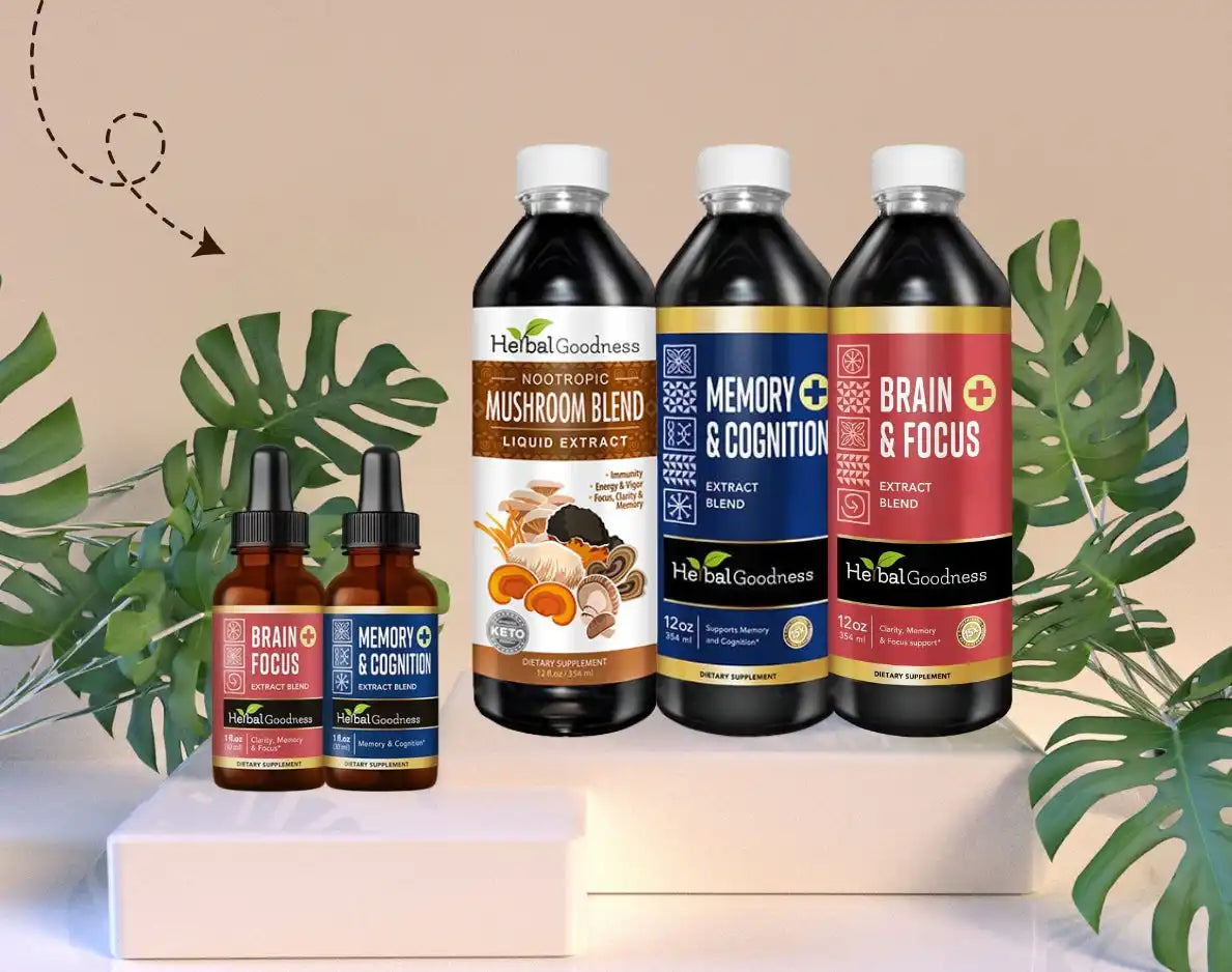 Collection of wellness supplement bottles featuring mushroom blends and cognitive support formulas.