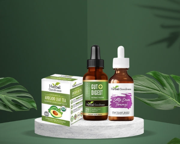 Three wellness supplements on a circular platform from Digestive & Gut Health Bundle