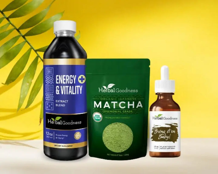 Energy Bundle featuring an energy drink, matcha powder, and papaya leaf extract dropper