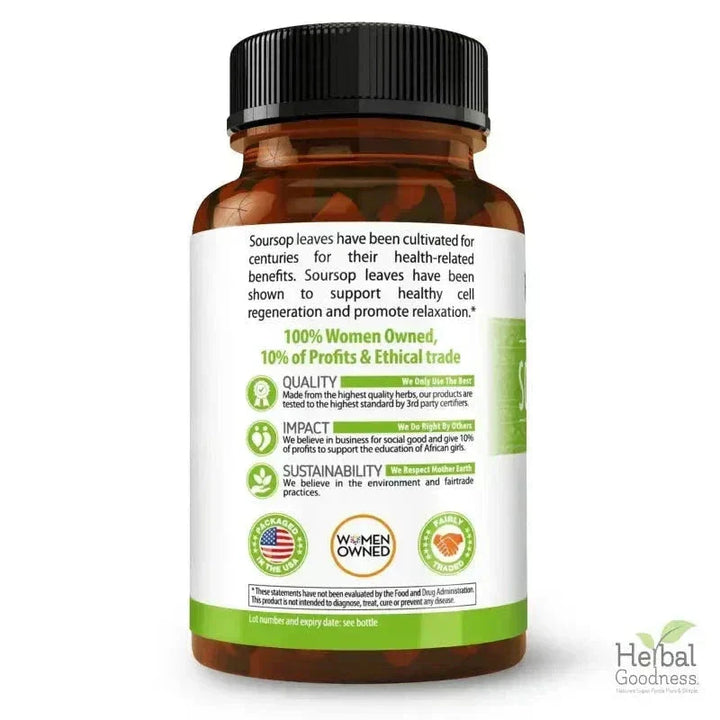 Graviola Soursop Leaf Extract Capsules – 10X Strength, 60/600mg, Vegan-Friendly, Unit or 12-Count Case Capsules Herbal Goodness 