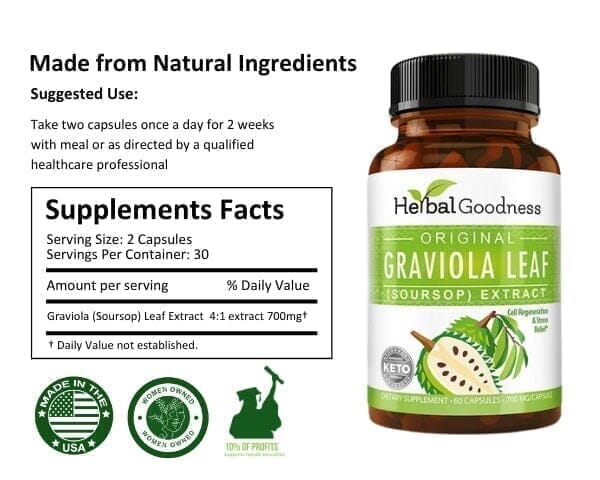 Graviola (Soursop) Leaf Extract - Capsules 60/700mg - Healthy Cell Function, Immunity & Relaxation - Herbal Goodness Capsules Herbal Goodness 