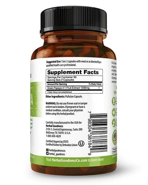 Green Papaya Fruit Extract - Capsules 60/600mg - 4X Strength - Digestion & Enzyme Level Support - Herbal Goodness Capsules Herbal Goodness 