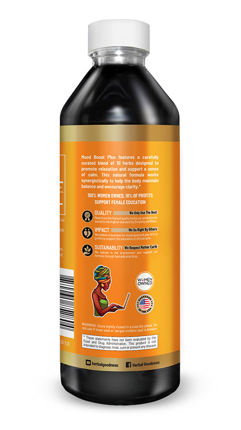 Bottle of Mood Boost Extract Blend Liquid with orange label and cartoon character