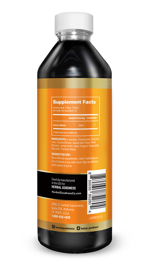 Bottle of Mood Boost Extract Blend Liquid featuring herbal goodness and nutritional info