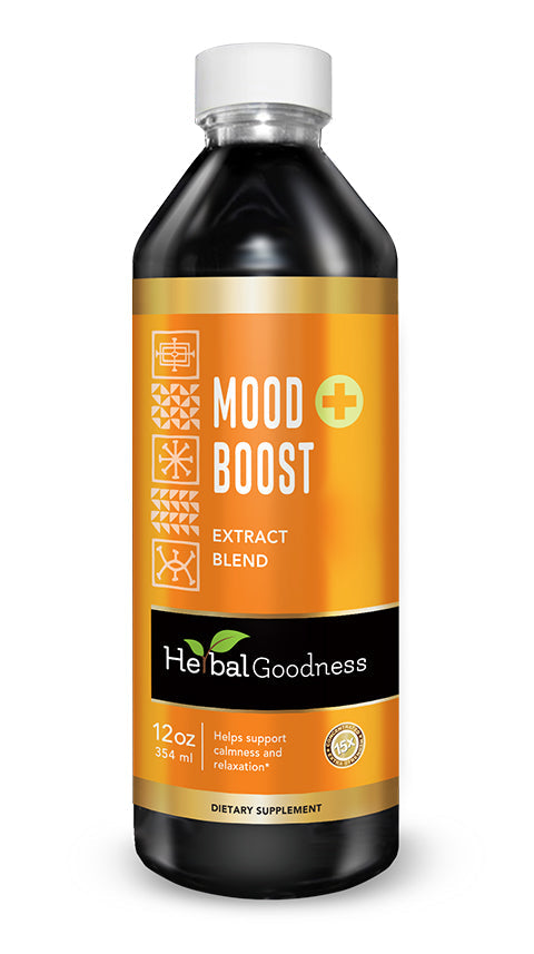 Bottle of Mood Boost Extract Blend Liquid by Herbal Goodness for relaxation and mood support