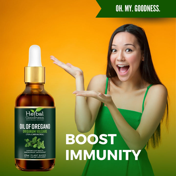 Oregano oil supplement for gut health and immune boost, featuring Herbal Goodness