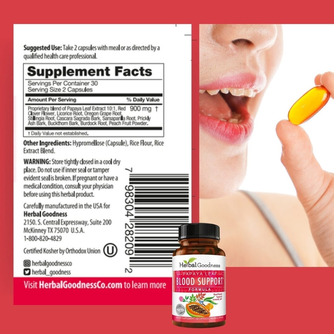 Papaya Leaf Extract Blood Support - 10X 60/450mg Capsules - Blood Platelet Capsules Herbal Goodness 