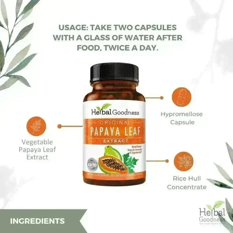 Papaya Leaf Extract - Capsules 600mg - 10X Strength Capsules Herbal Goodness 