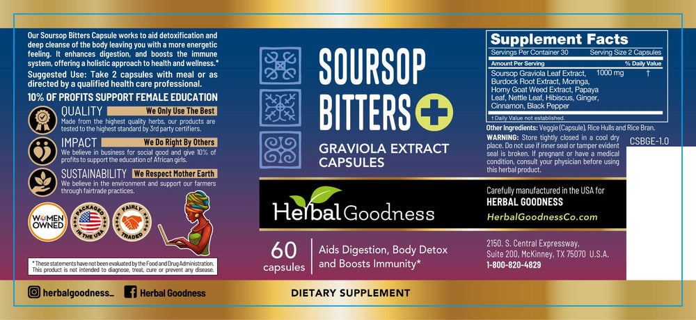 Soursop Bitters Extract Plus - Capsules 60/600mg - Body Detox - Herbal Goodness - Herbal Goodness