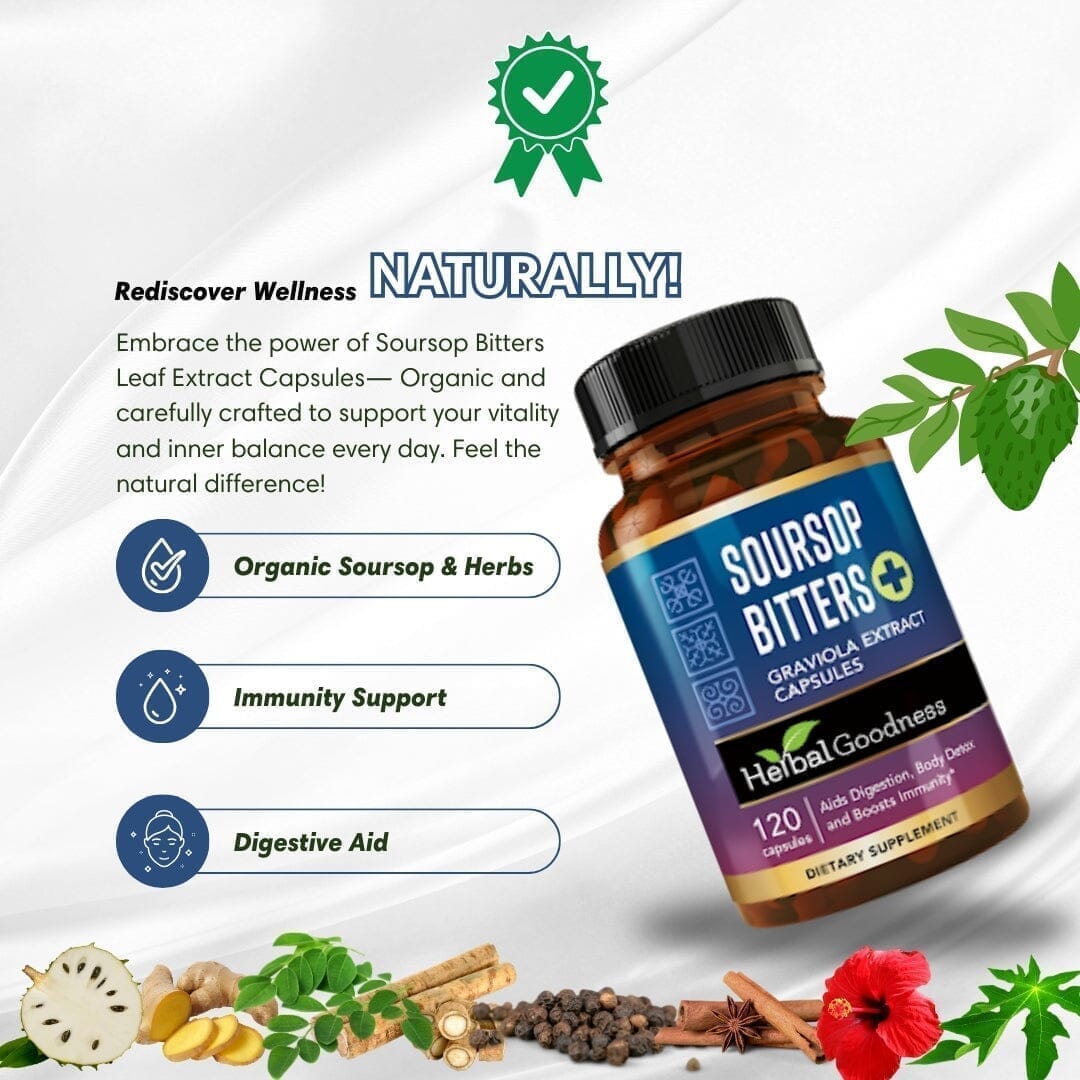 Soursop Bitters Graviola Extract - 120/1000mg Capsules - Immunity & Wellbeing Capsules Herbal Goodness 