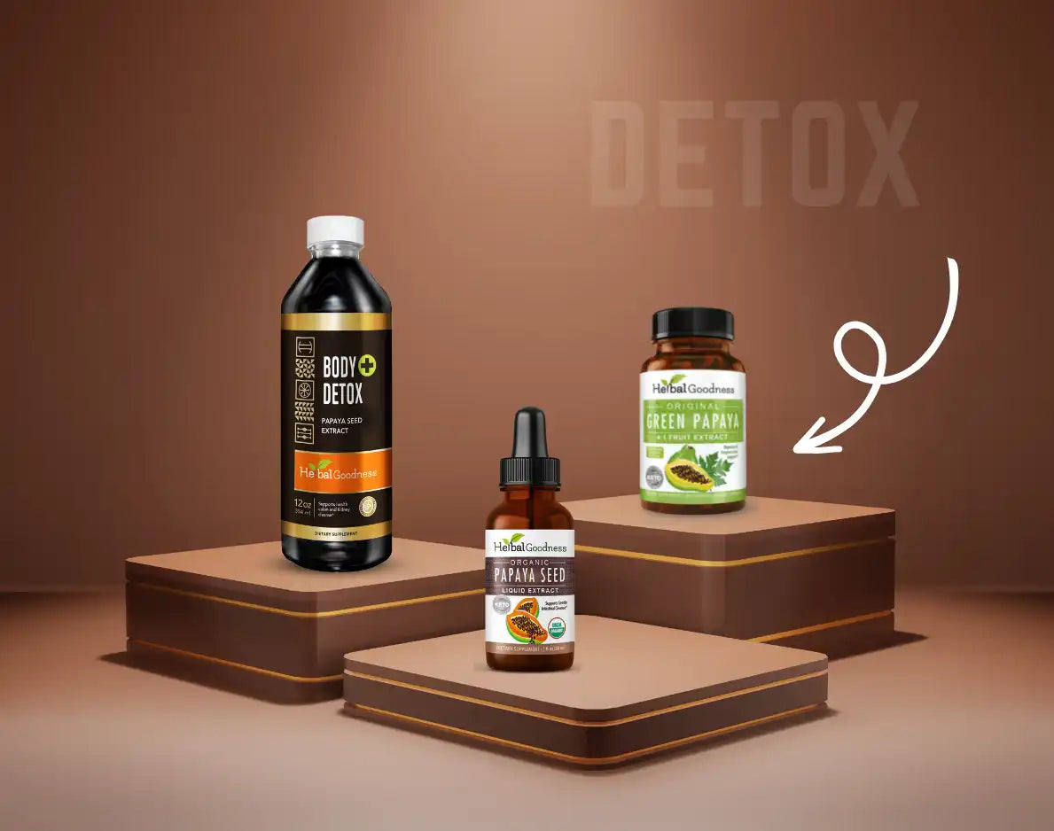 Three wellness supplements or detox products displayed on brown platforms.